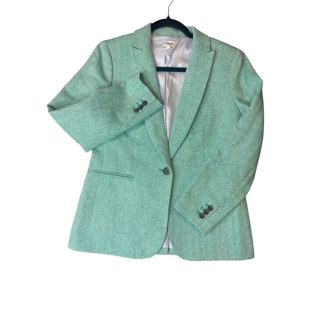 J.Crew Green Herringbone Linen Cotton Blazer Jacket 6P Pinstripe Lining